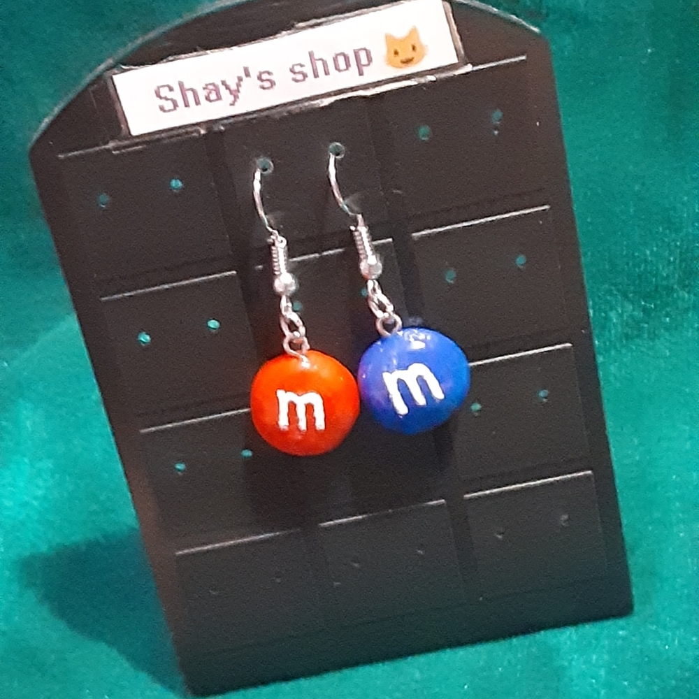 Blue and red m&m earrings